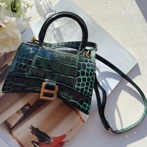 Balenciaga Green Croc Embossed Leather XS Hourglass Top Handle Bag